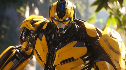 Yellow armored robot stands in lush sunlit jungle scene.