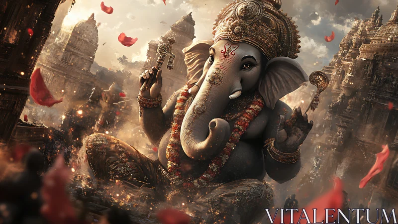 Elephant-headed deity statue amid ornate stone temples.