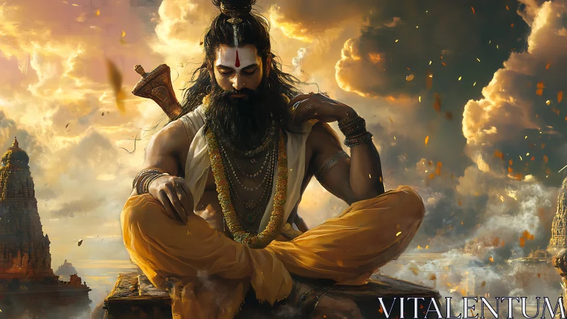 Meditating sage sits over temple clouds in golden dusk