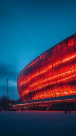 Futuristic red arena glows against deep blue twilight sky