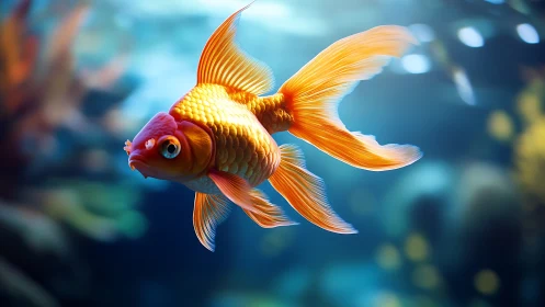 Bright orange goldfish with long fins in clear blue water.