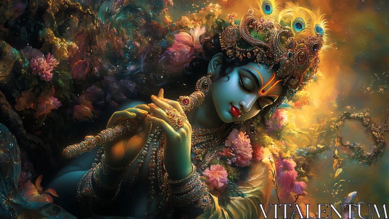 Divine blue flutist drifts through jeweled blossoms and light.