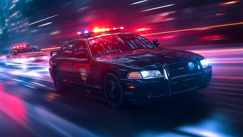 Police cruisers surge through neon city streets at high speed