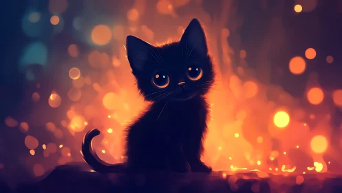 Silhouetted Black Felid with Luminous Amber Iridescence, Bokeh-Rendered Ambient.