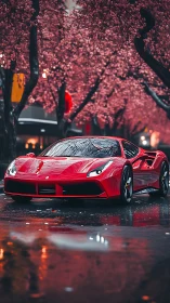 Red supercar under pink blossom canopy on wet street.