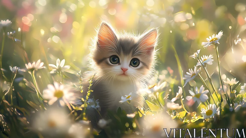 Kitten in Sunlit Daisy Field. Golden Hour.