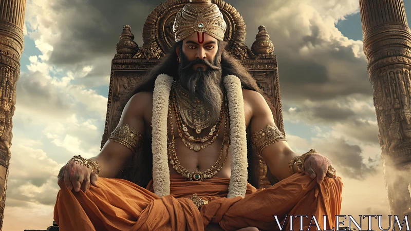 Mythic sage king sits in divine throne under stormy skies