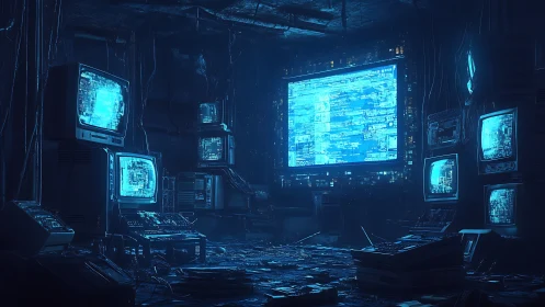 Retro cyber control room glows with fractured blue data.