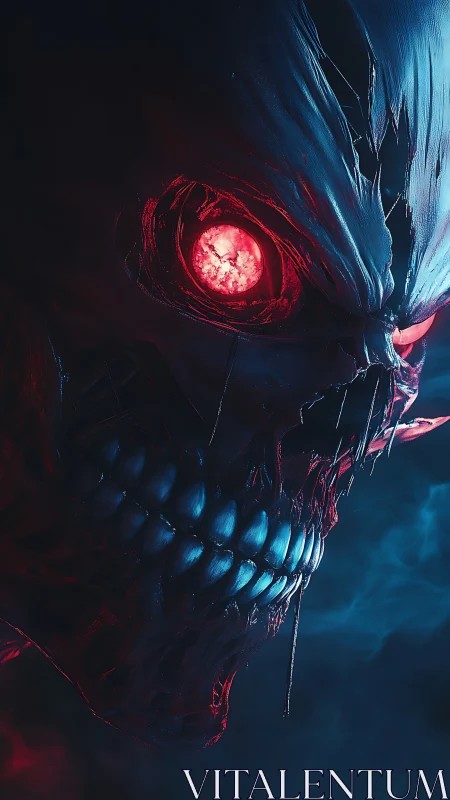 Demonic skull closeup shows glowing red eye and teeth