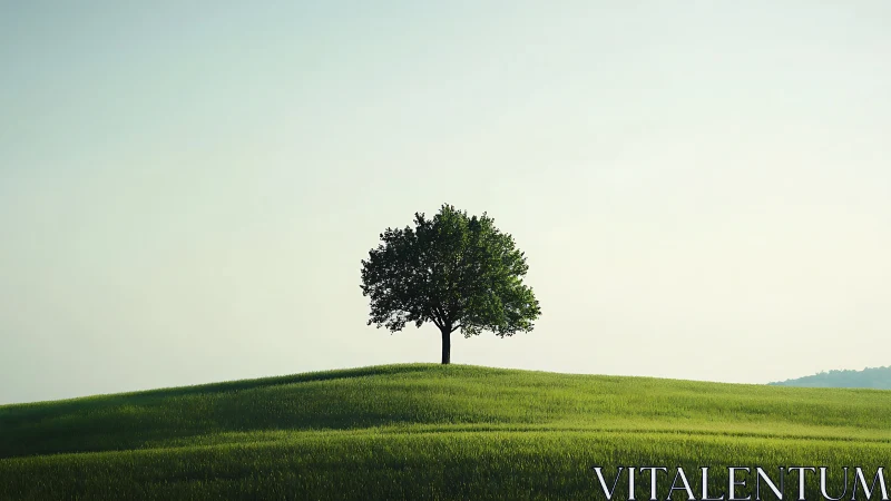 Solitary tree on rolling green hill under clear sky, minimalist landscape.