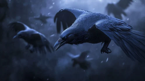 Spectral Corvid in Ethereal Storm: Atmospheric Digital Rendering.