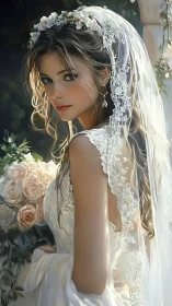 Digital portrait depicts a bride in lace veil holding roses