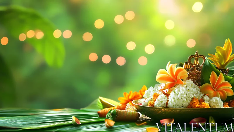 Floral offering tableau with bokeh-lit tropical depth field.