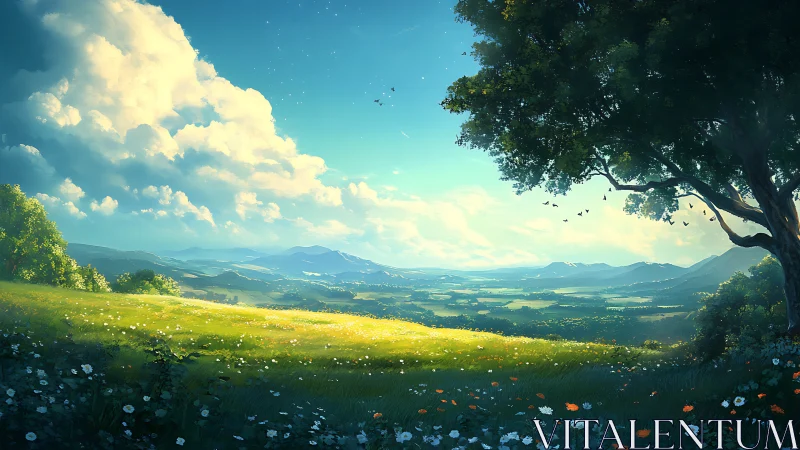 Panoramic sunlit valley meadow under cumulus cloudscape