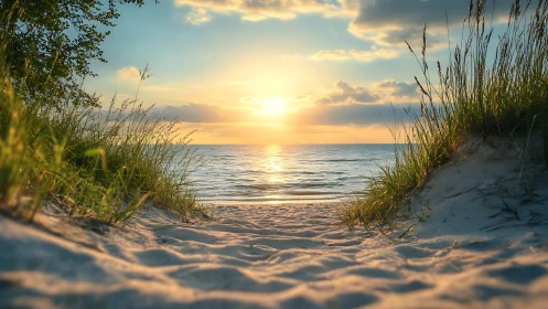 Sunlit coastal dune corridor framing low horizon seascape.