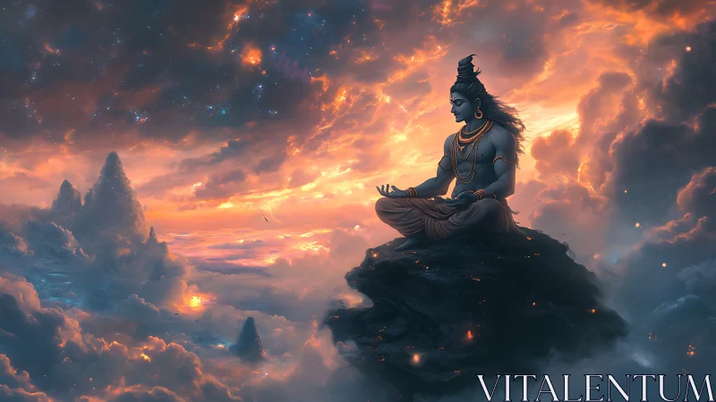 Divine yogi meditates above glowing clouds at cosmic dusk