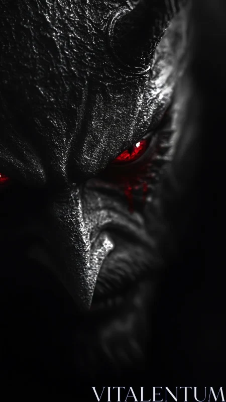 Demonic horned face in shadow with burning red eyes.