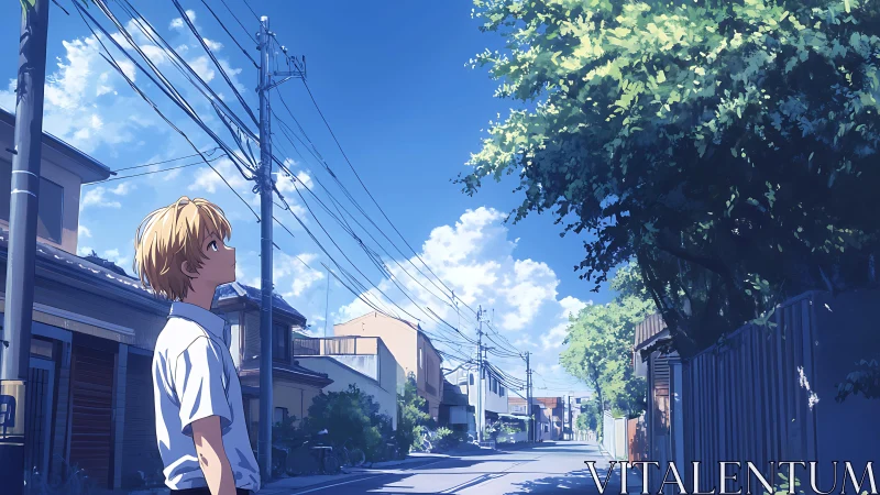 Boy under summer sky pauses on quiet suburban street.