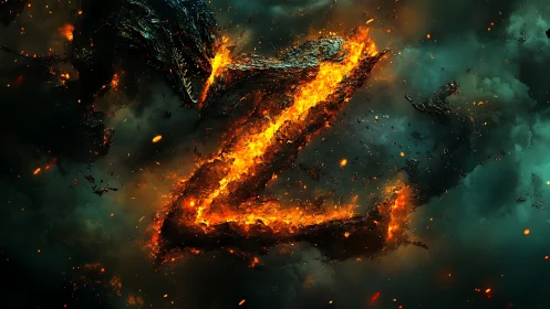 Fiery molten Z shape emerges in stormy teal smoke.