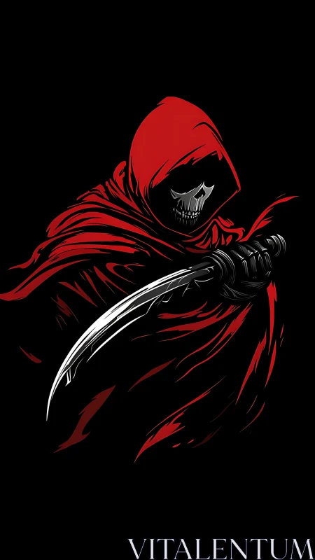 Hooded skeletal figure grips curved blade on black background
