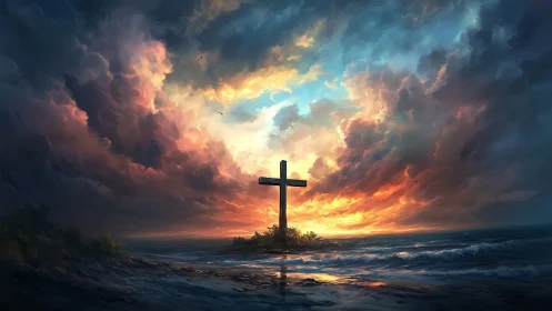 Wooden cross by the sea under dramatic sunset sky.