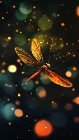 Iridescent dragonfly suspended in glowing bokeh nightscape.