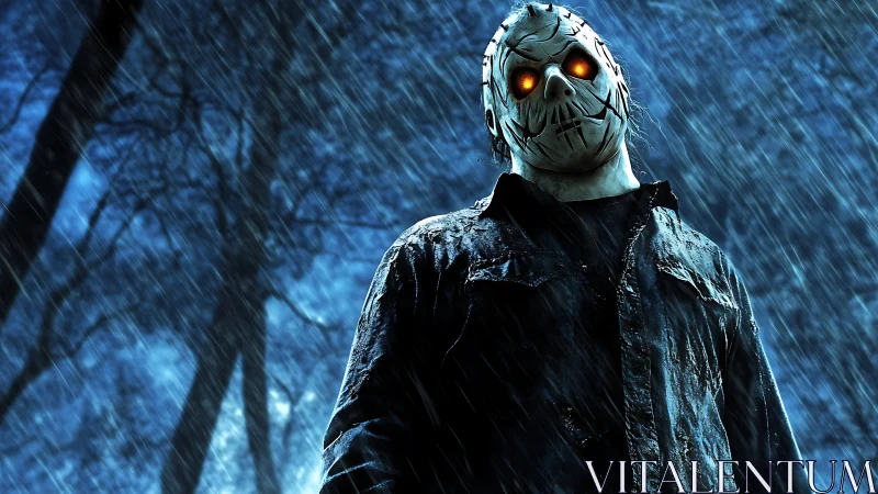 Masked figure with glowing eyes standing in rainy forest.