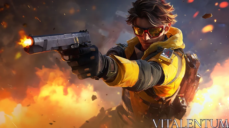 Armored agent fires through explosions in a blazing standoff