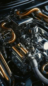 Chromed performance engine gleams with sculpted copper lines.