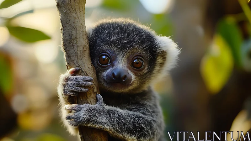 Gentle baby lemur gazes wide-eyed while hugging a forest branch