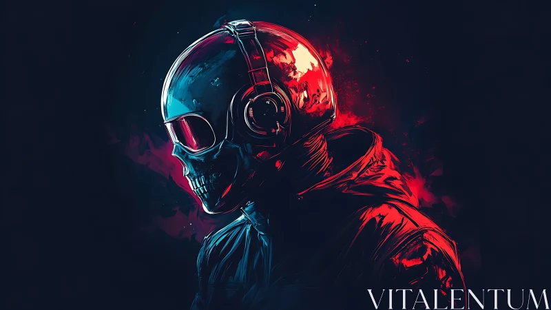 Cybernetic skull rider in reflective helmet and red neon glow