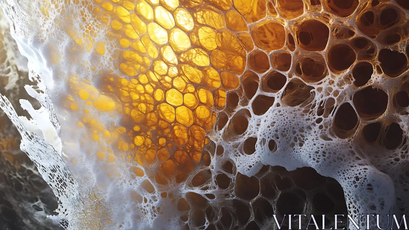 Close-up of Glowing Honeycomb Structure with Foamy Texture.