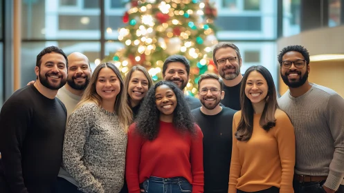 Smiling office team gathered before festive holiday tree.