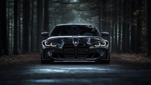 Modern sports sedan is positioned front-on in forest road