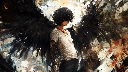 Dark winged boy against chaotic abstract light burst.