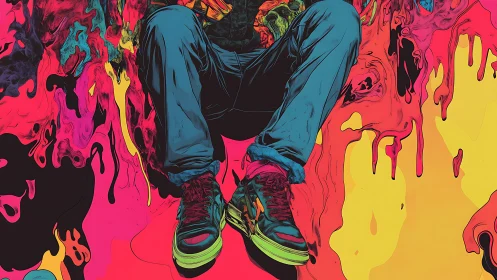 Sneakers float between neon drips while gravity forgets rules