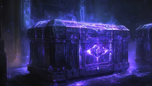 Mystic violet energy chest glowing in shadowed vault.