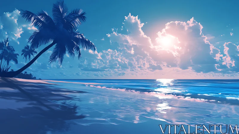Tropical Paradise Beach with Palm Trees and Glowing Sunset