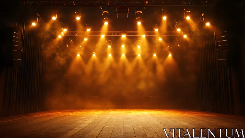 Empty theater stage under bright warm spotlights tonight.