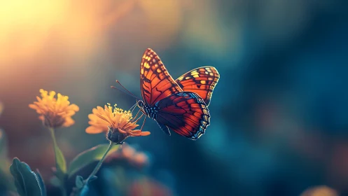 Monarch butterfly rests on sunlit flower at golden hour