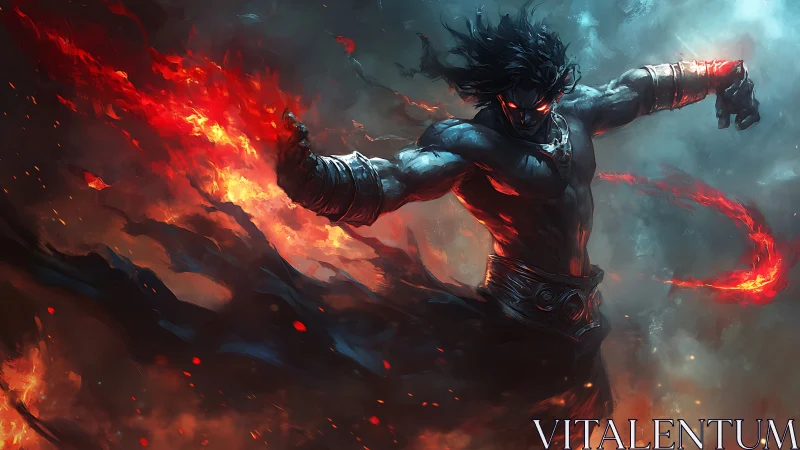 Fire wielding dark warrior in swirling inferno storm.