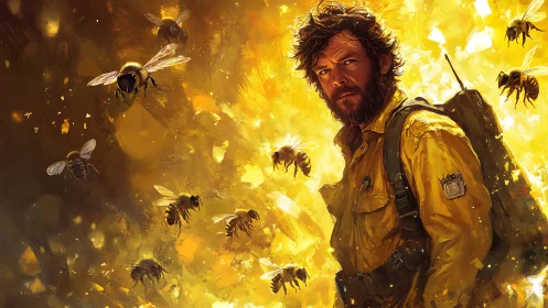 Beekeeper in protective gear stands amid digitally rendered bees