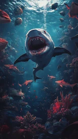 Predatory symphony of sharks swirling through neon reefs.