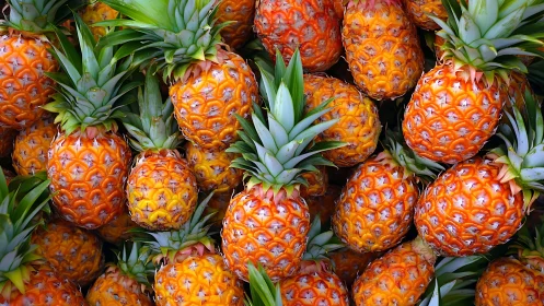 Fresh ripe pineapples tightly stacked in vivid detail.