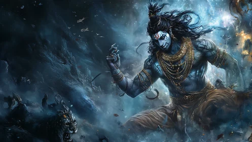 Mythic blue warrior god amid stormy cosmic battlefield.