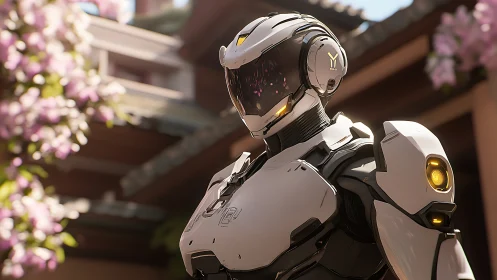 Gentle white robot enjoying a peaceful cherry blossom garden.