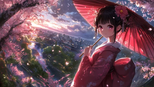 Girl in pink kimono under cherry blossoms at sunset.
