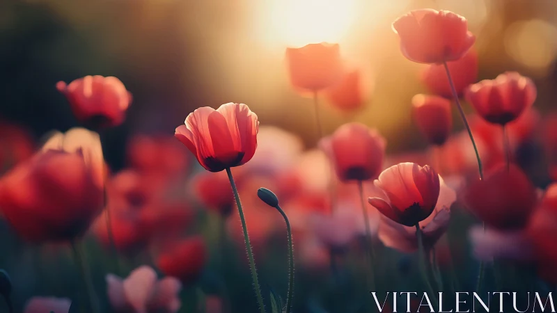 Red Poppies Backlit in Golden Sunlight Field
