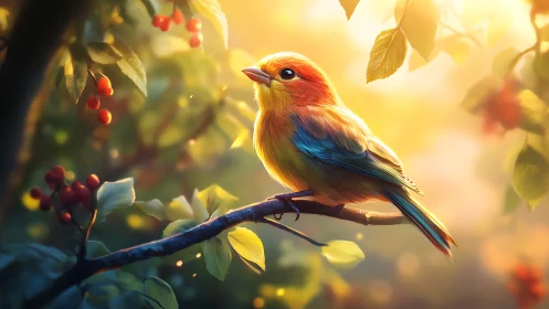 Vibrant songbird on branch in dreamy sunlight, digital art style.