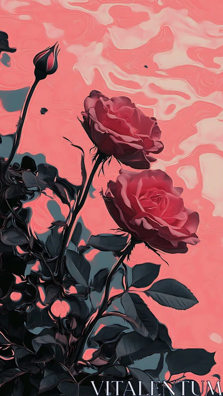 Crimson Roses Against Flowing Coral Abstract Background.